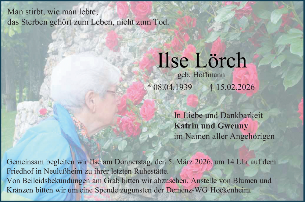  Traueranzeige für Ilse Lörch vom 28.02.2026 aus Schwetzinger Zeitung