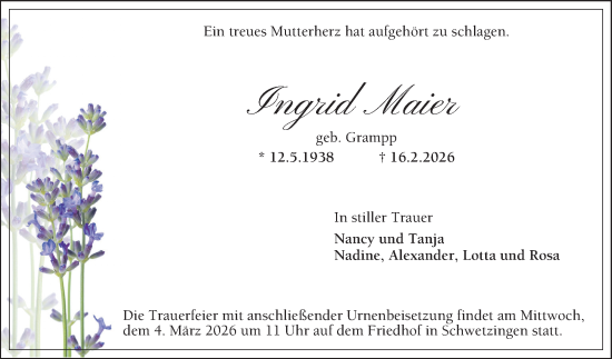 Traueranzeige von Ingrid Maier von Schwetzinger Zeitung