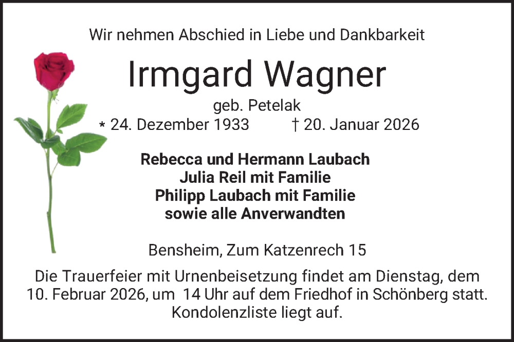  Traueranzeige für Irmgard Wagner vom 07.02.2026 aus Bergsträßer Anzeiger