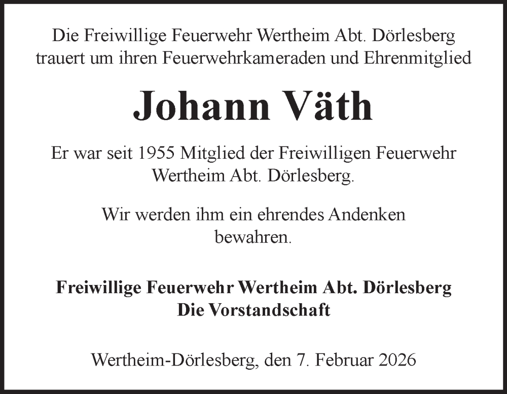  Traueranzeige für Johann Väth vom 07.02.2026 aus Fränkische Nachrichten