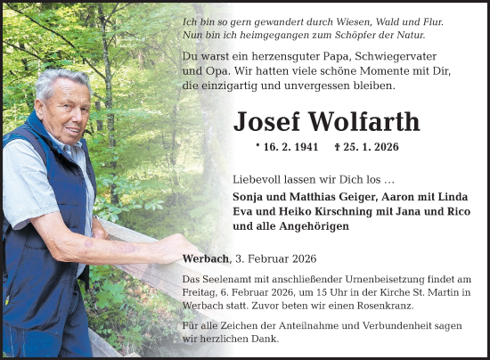 Traueranzeige von Josef Wolfarth von Fränkische Nachrichten