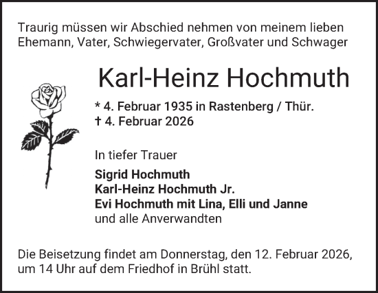 Traueranzeige von Karl-Heinz Hochmuth von Schwetzinger Zeitung