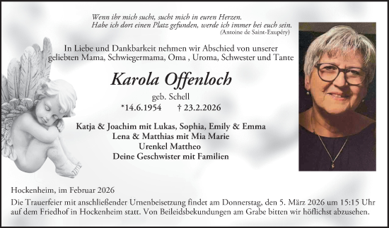 Traueranzeige von Karola Offenloch von Schwetzinger Zeitung