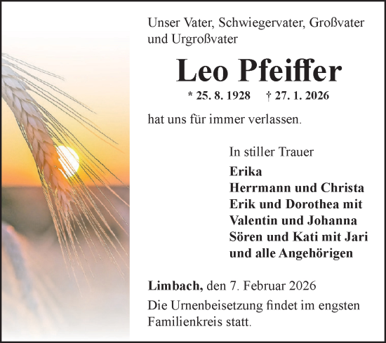 Traueranzeige von Leo Pfeiffer von Fränkische Nachrichten