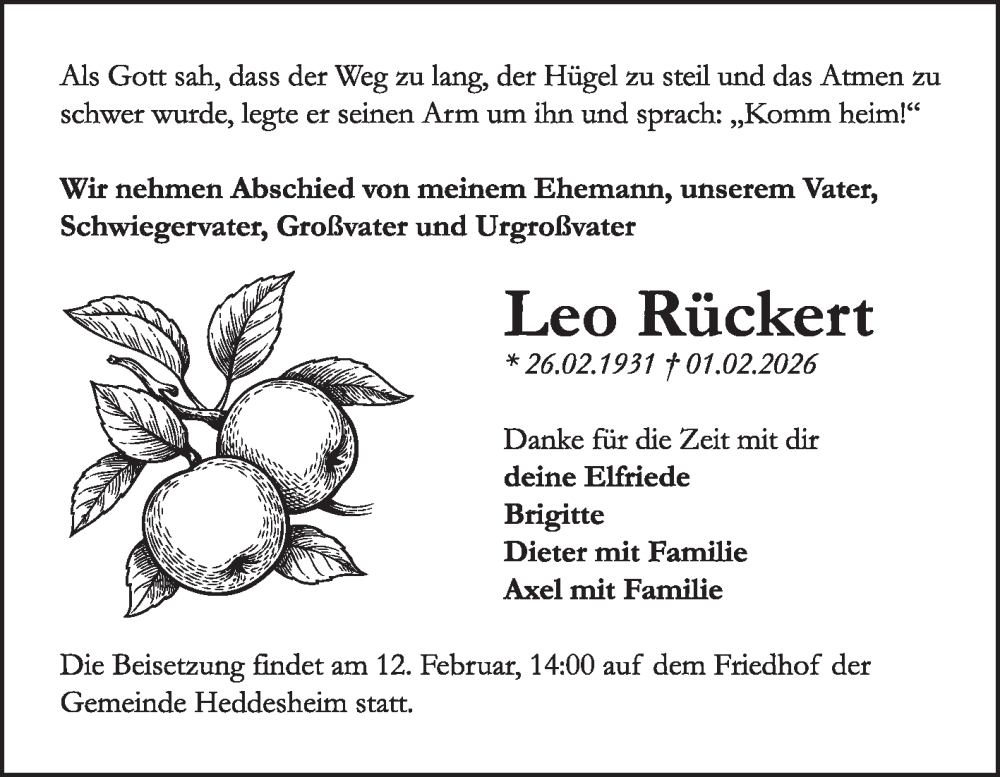  Traueranzeige für Leo Rückert vom 07.02.2026 aus Mannheimer Morgen