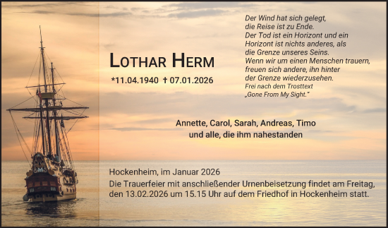 Traueranzeige von Lothar Herm von Schwetzinger Zeitung