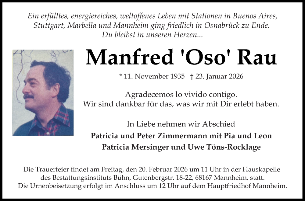  Traueranzeige für Manfred Rau vom 07.02.2026 aus Mannheimer Morgen