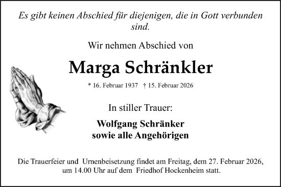Traueranzeige von Marga Schränkler von Schwetzinger Zeitung