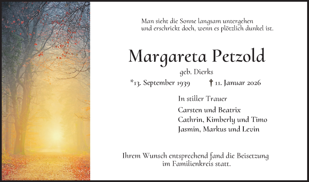  Traueranzeige für Margareta Petzold vom 07.02.2026 aus Schwetzinger Zeitung