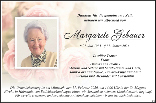 Traueranzeige von Margarete Gebauer von Fränkische Nachrichten