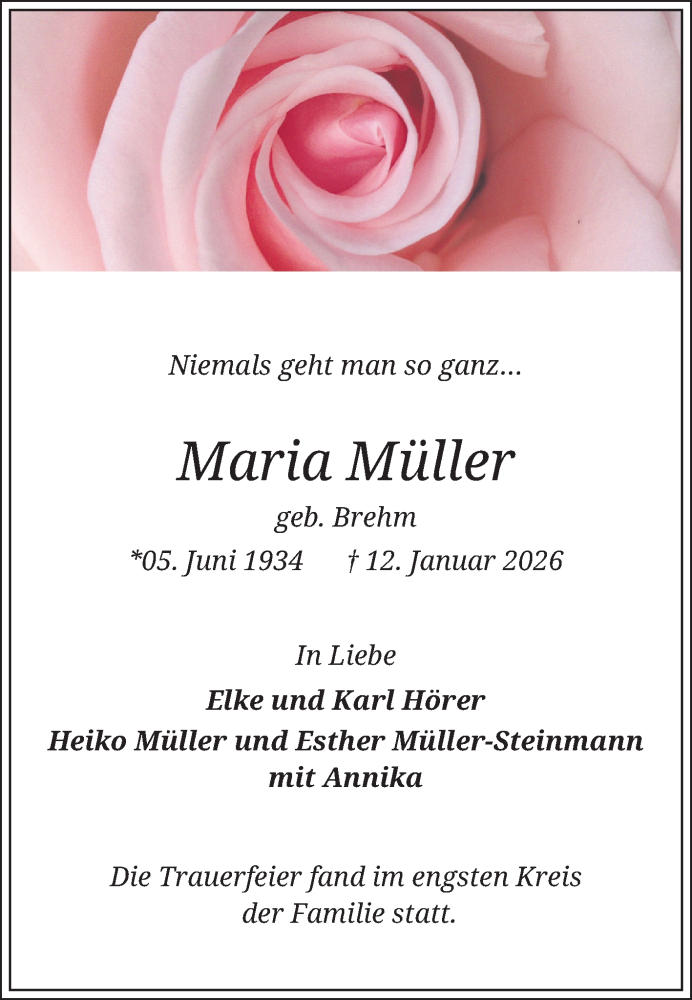  Traueranzeige für Maria Müller vom 07.02.2026 aus Schwetzinger Zeitung