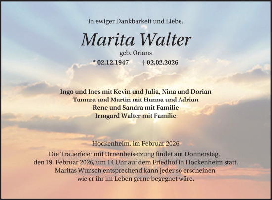 Traueranzeige von Marita Walter von Schwetzinger Zeitung