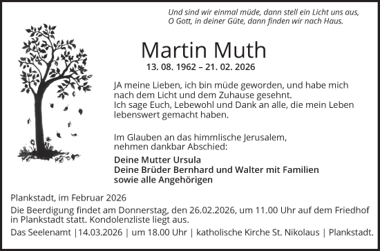 Traueranzeige von Martin Muth von Schwetzinger Zeitung