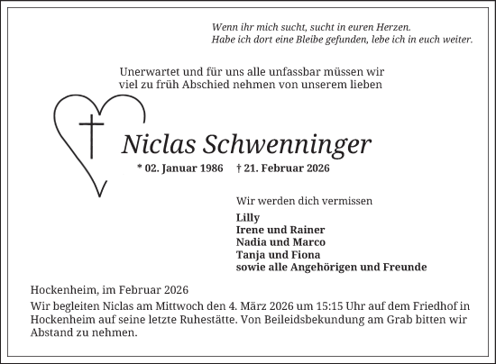 Traueranzeige von Niclas Schwenninger von Schwetzinger Zeitung