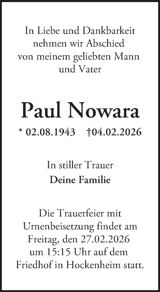  Traueranzeige für Paul Nowara vom 14.02.2026 aus Schwetzinger Zeitung