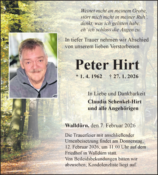 Traueranzeige von Peter Hirt von Fränkische Nachrichten