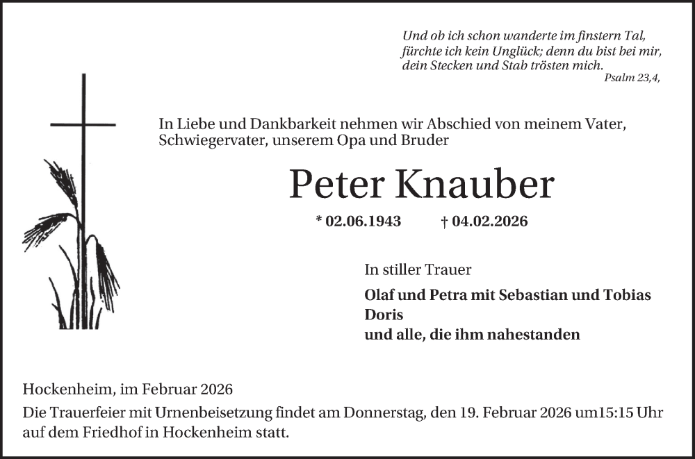  Traueranzeige für Peter Knauber vom 14.02.2026 aus Schwetzinger Zeitung