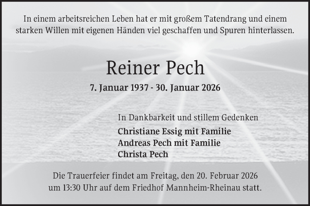  Traueranzeige für Reiner Pech vom 07.02.2026 aus Mannheimer Morgen