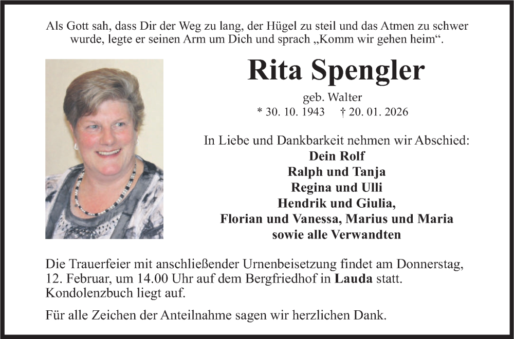  Traueranzeige für Rita Spengler vom 07.02.2026 aus Fränkische Nachrichten