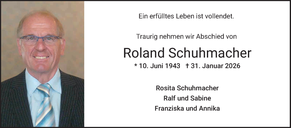  Traueranzeige für Roland Schuhmacher vom 07.02.2026 aus Schwetzinger Zeitung