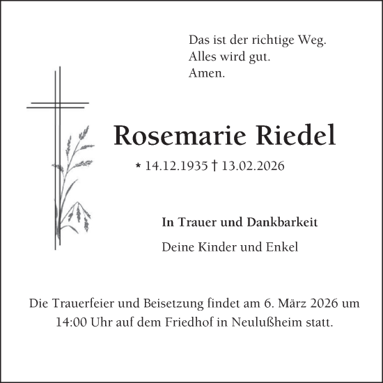 Traueranzeige von Rosemarie Riedel von Schwetzinger Zeitung