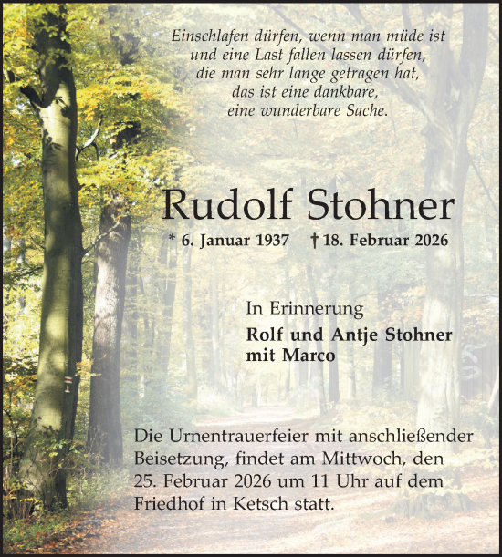 Traueranzeige von Rudolf Stohner von Schwetzinger Zeitung
