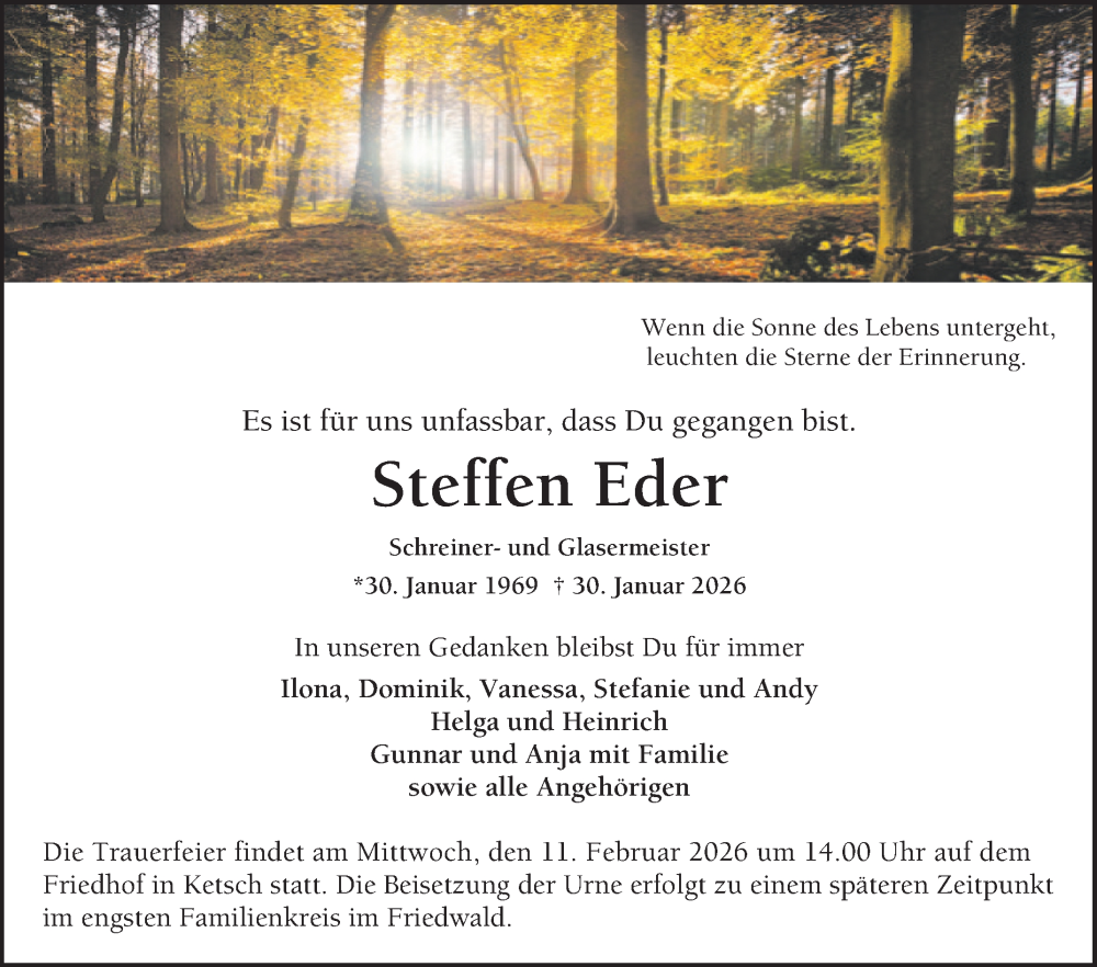  Traueranzeige für Steffen Eder vom 07.02.2026 aus Schwetzinger Zeitung