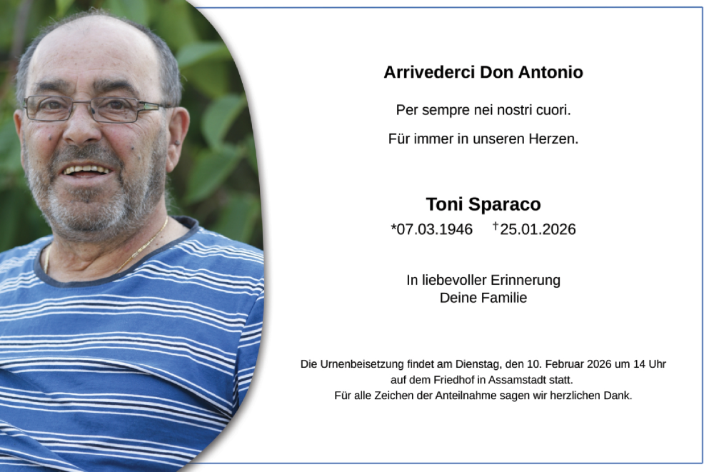  Traueranzeige für Toni Sparaco vom 05.02.2026 aus Fränkische Nachrichten
