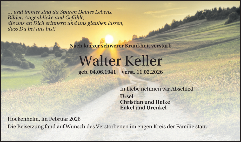  Traueranzeige für Walter Keller vom 21.02.2026 aus Schwetzinger Zeitung