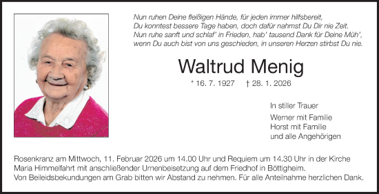Traueranzeige von Waltrud Menig von Fränkische Nachrichten