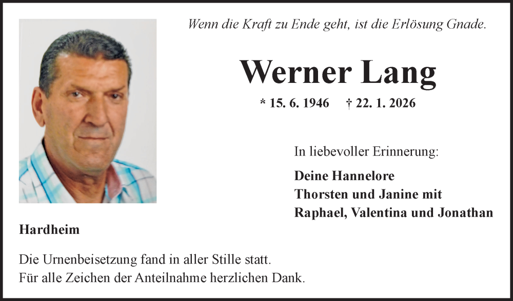 Traueranzeige für Werner Lang vom 10.02.2026 aus Fränkische Nachrichten