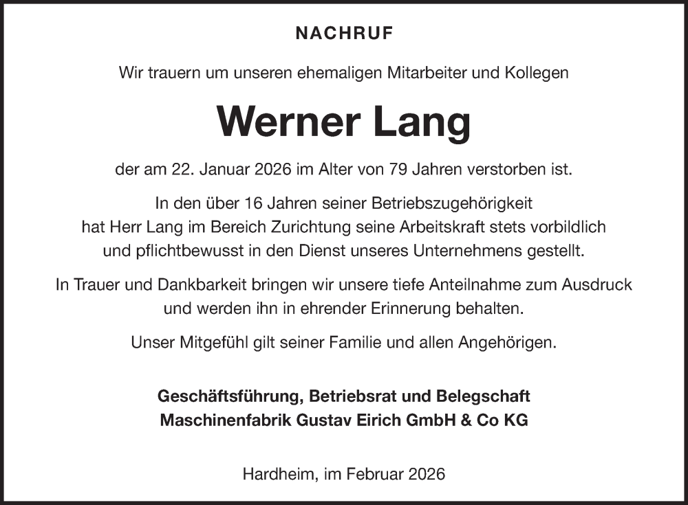  Traueranzeige für Werner Lang vom 10.02.2026 aus Fränkische Nachrichten