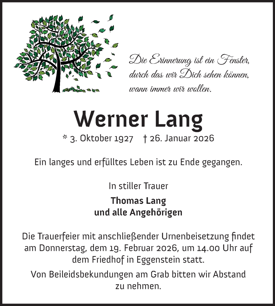  Traueranzeige für Werner Lang vom 07.02.2026 aus Mannheimer Morgen