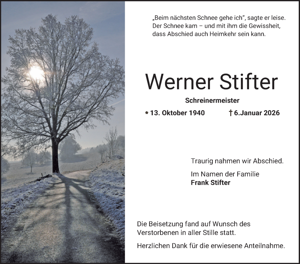  Traueranzeige für Werner Stifter vom 07.02.2026 aus Bergsträßer Anzeiger