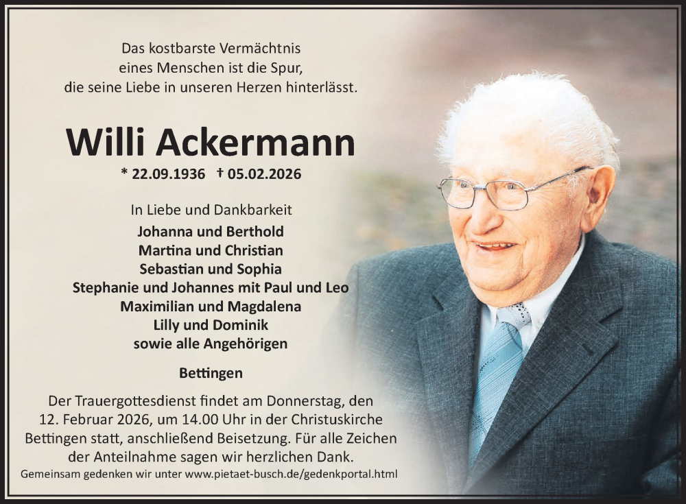  Traueranzeige für Willi Ackermann vom 10.02.2026 aus Fränkische Nachrichten